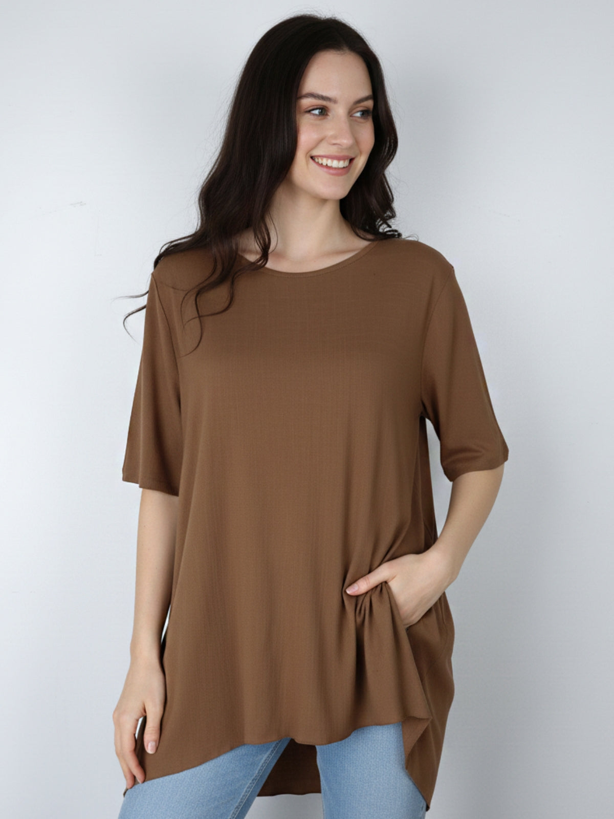 Blusa Larga Bolsillos Aria Símil Lino Spandex