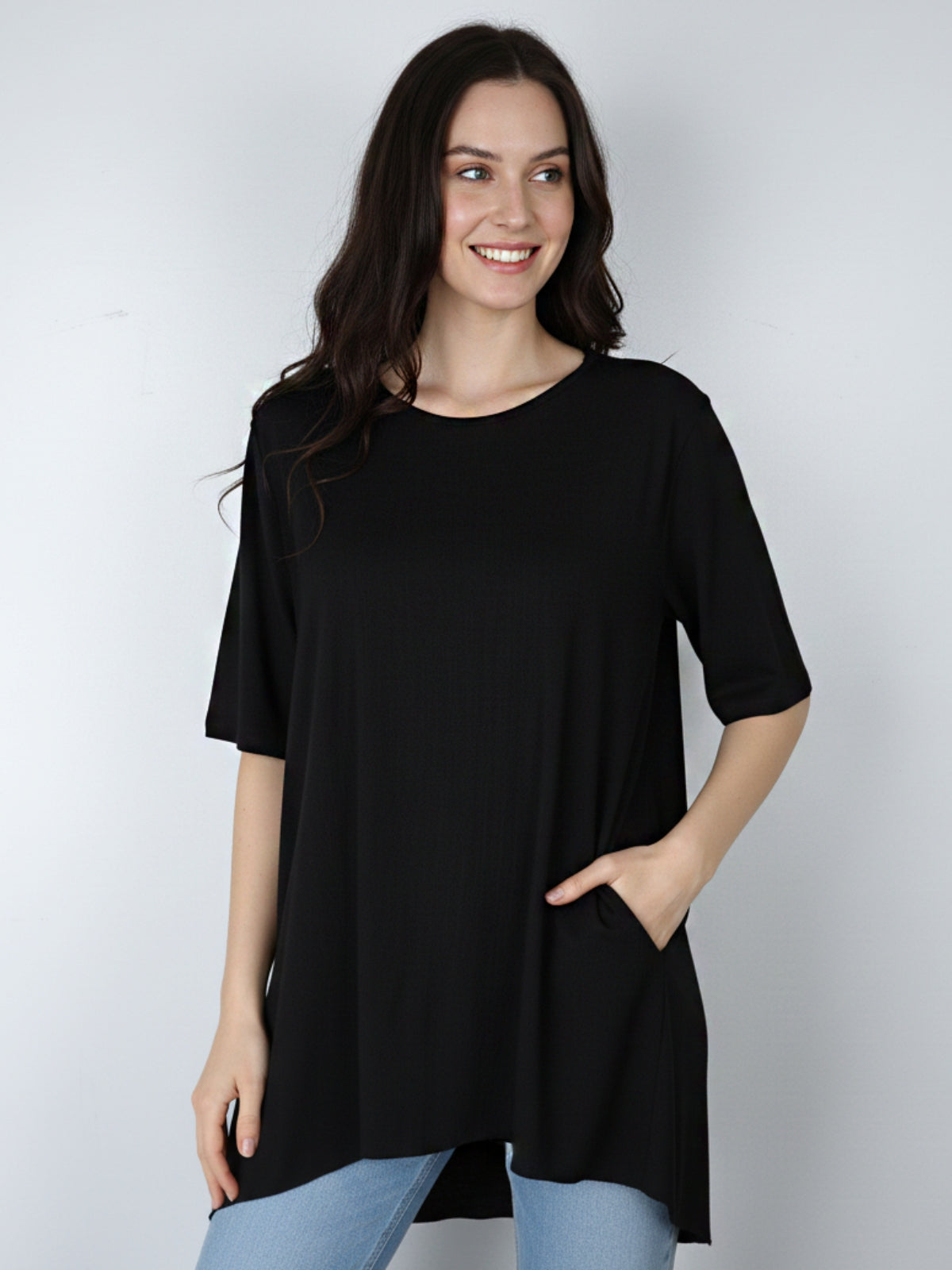 Blusa Larga Bolsillos Aria Símil Lino Spandex