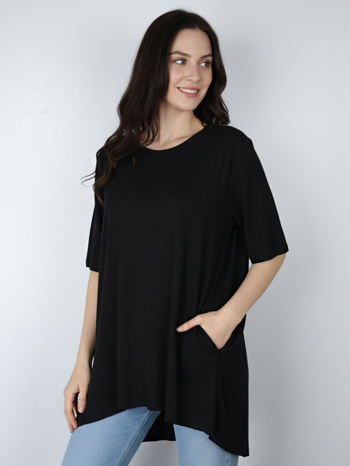 Blusa Larga Bolsillos Aria Símil Lino Spandex